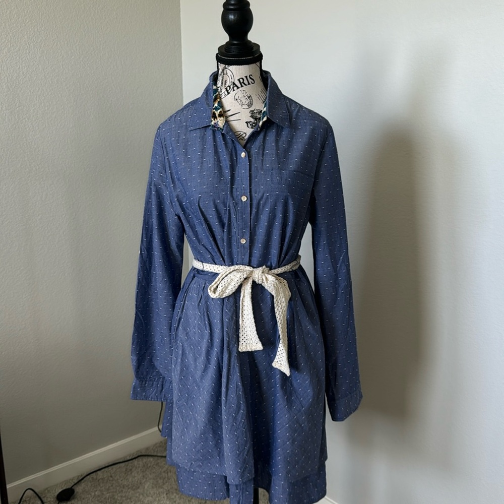 Casual blue button shirt dress with belt